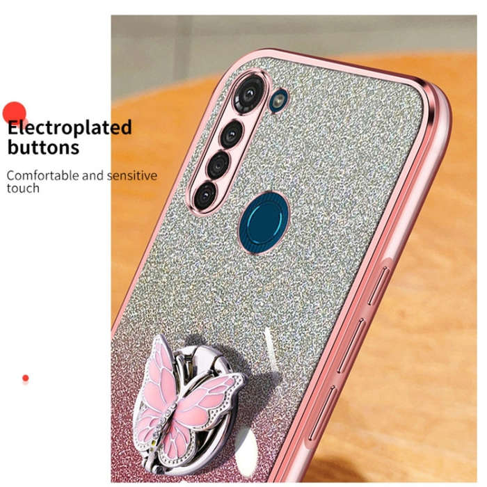 For Motorola Moto G8 Power Plated Gradient Glitter Butterfly Holder TPU Phone Case(Sierra Blue)