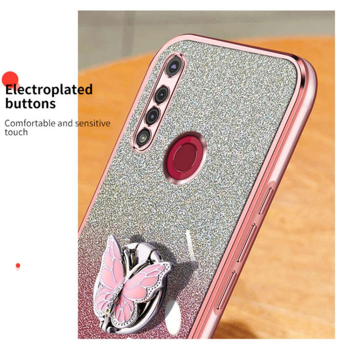 For Motorola Moto G8 Play Plated Gradient Glitter Butterfly Holder TPU Phone Case(Sierra Blue)