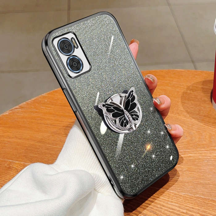 For Motorola Moto E22 / E22i Plated Gradient Glitter Butterfly Holder TPU Phone Case(Black)