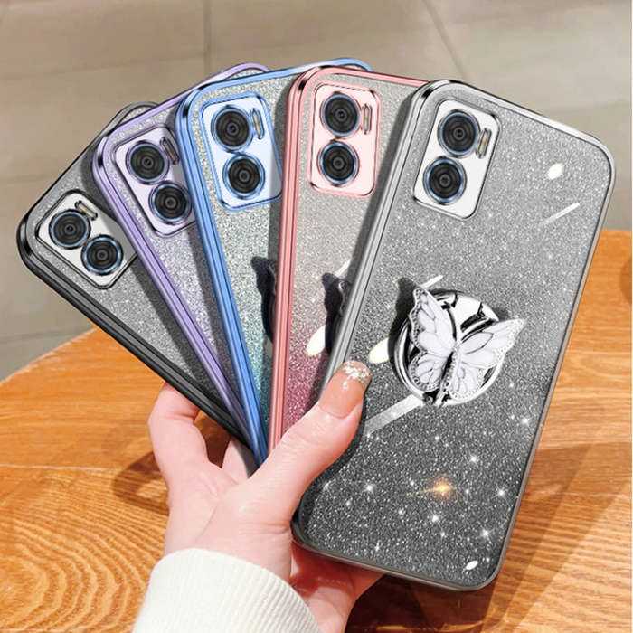 For Motorola Moto E22 / E22i Plated Gradient Glitter Butterfly Holder TPU Phone Case(Black)