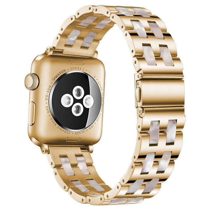 For Apple Watch 5 & 4 44mm / 3 & 2 & 1 42mm Stainless Steel + Resin Watch Band(Pink Flower)