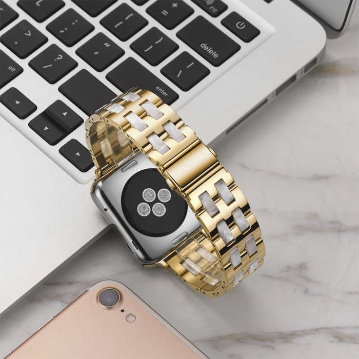 For Apple Watch 5 & 4 44mm / 3 & 2 & 1 42mm Stainless Steel + Resin Watch Band(Pink Flower)