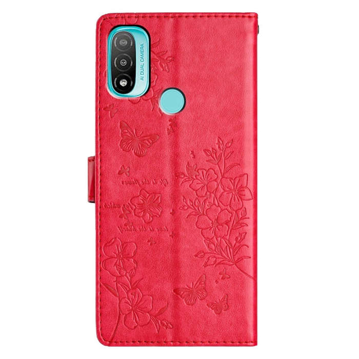 For Motorola Moto E40 Butterflies and Flowers Leather Phone Case(Red)