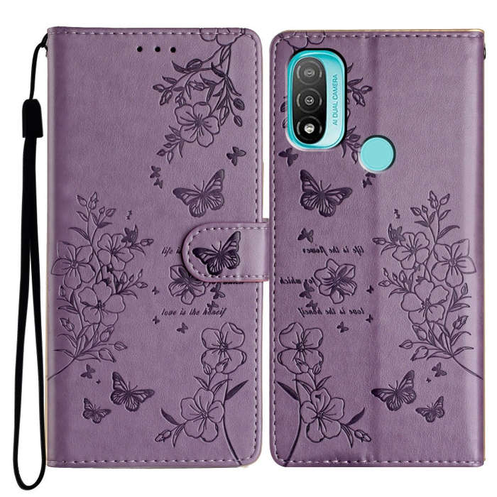 For Motorola Moto E40 Butterflies and Flowers Leather Phone Case(Purple)