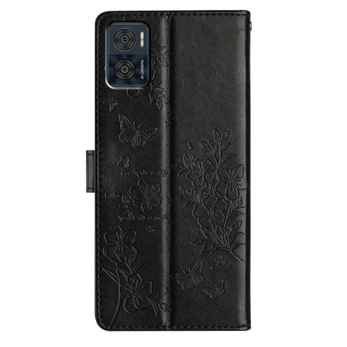 For Motorola Moto E22 Butterflies and Flowers Leather Phone Case(Black)