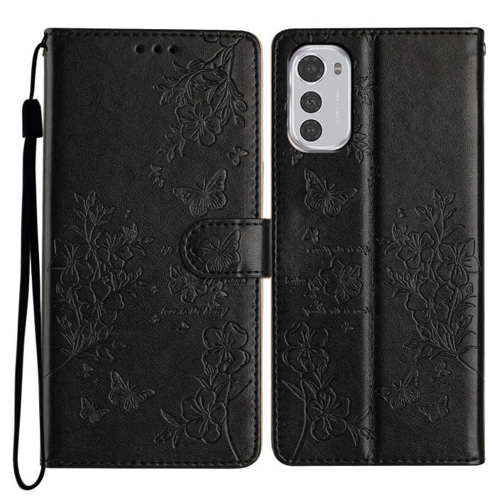 For Motorola Moto E32 Butterflies and Flowers Leather Phone Case(Black)