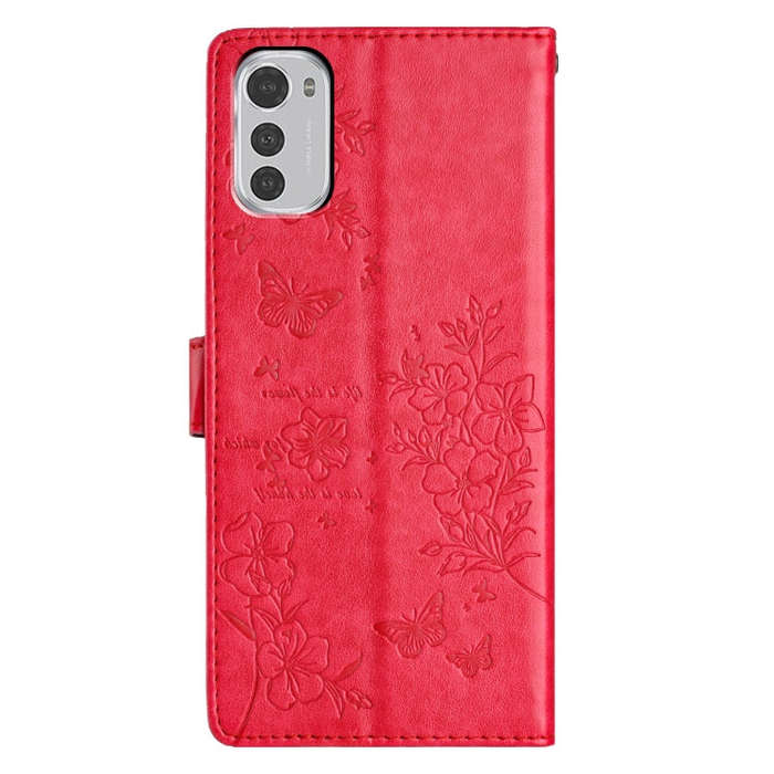 For Motorola Moto E32 Butterflies and Flowers Leather Phone Case(Red)
