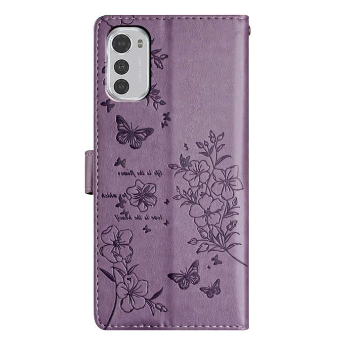 For Motorola Moto E32 Butterflies and Flowers Leather Phone Case(Purple)