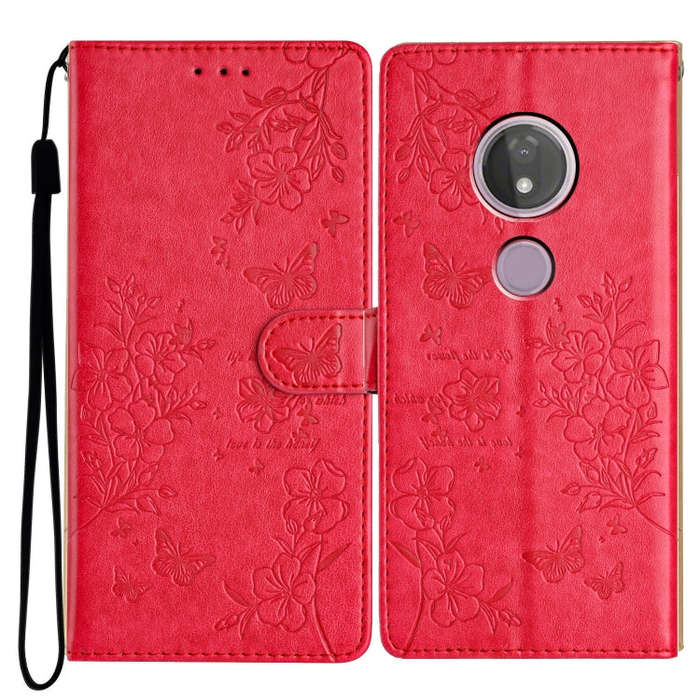 For Motorola Moto G7 Power Butterflies and Flowers Leather Phone Case(Red)