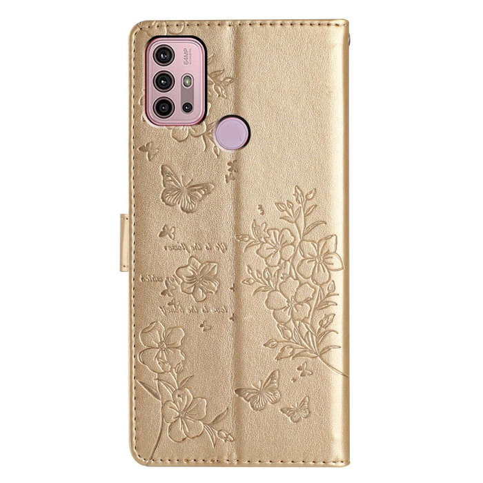 For Motorola Moto G30 Butterflies and Flowers Leather Phone Case(Gold)
