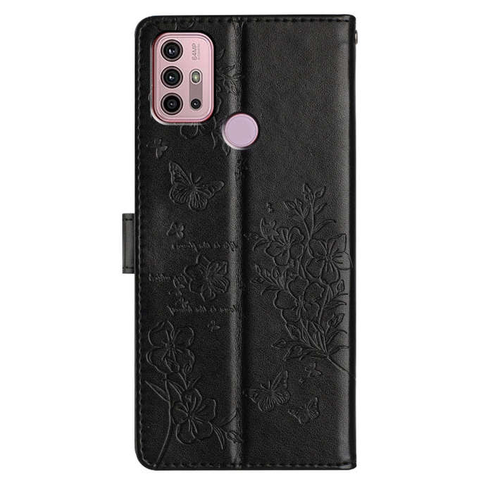 For Motorola Moto G30 Butterflies and Flowers Leather Phone Case(Black)