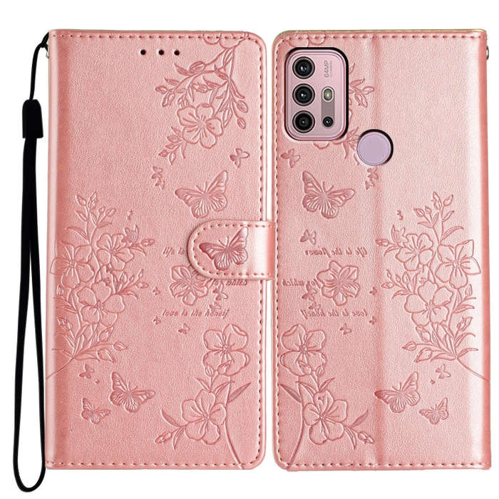 For Motorola Moto G30 Butterflies and Flowers Leather Phone Case(Rose Gold)