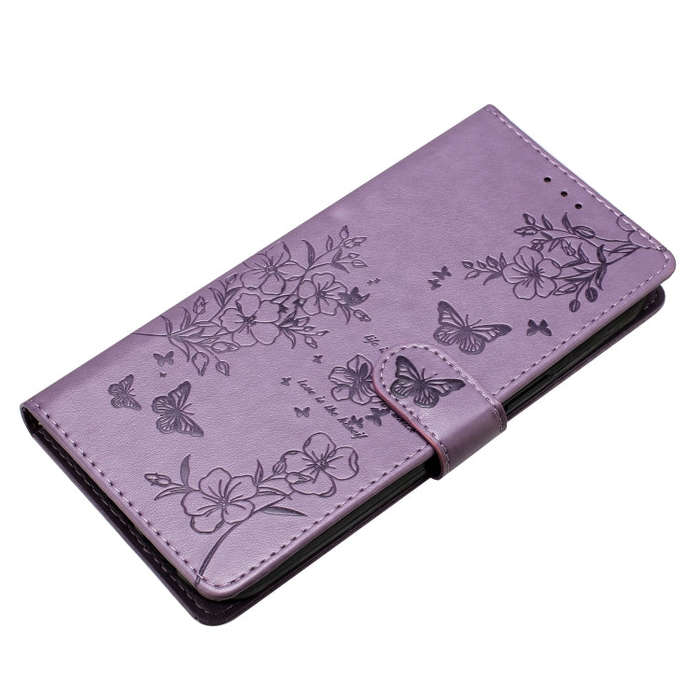 For Motorola Moto G14 Butterflies and Flowers Leather Phone Case(Purple)