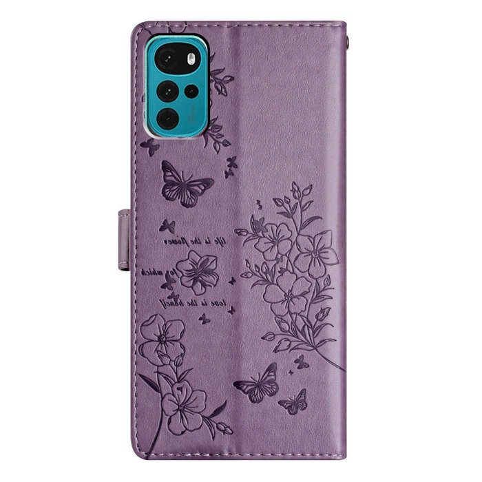 For Motorola Moto G22 Butterflies and Flowers Leather Phone Case(Purple)