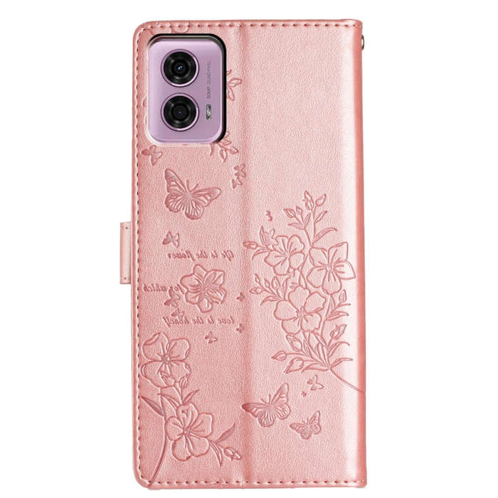 For Motorola Moto G24 / G04 Butterflies and Flowers Leather Phone Case(Rose Gold)