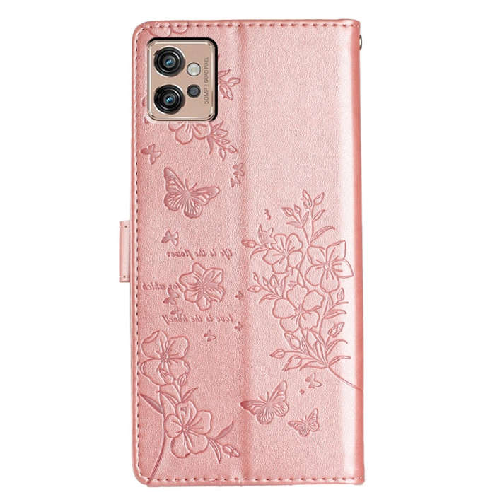 For Motorola Moto G32 Butterflies and Flowers Leather Phone Case(Rose Gold)