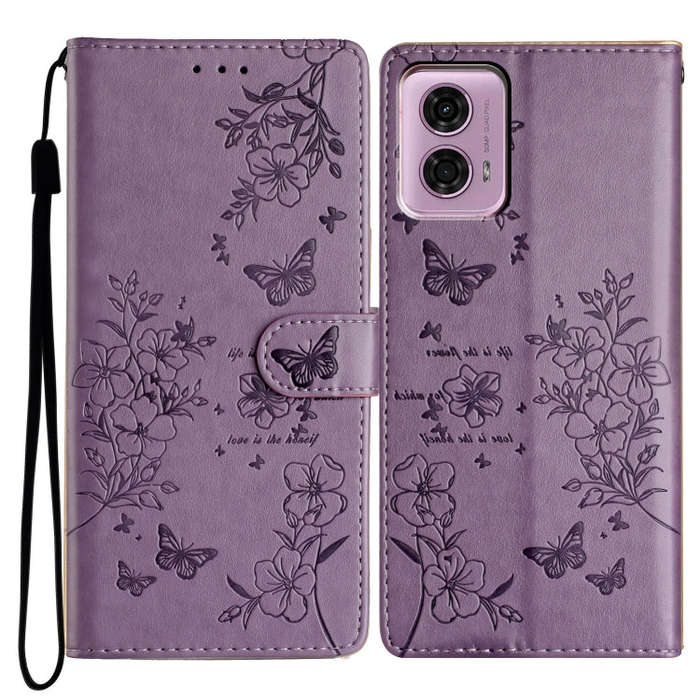 For Motorola Moto G34 Butterflies and Flowers Leather Phone Case(Purple)
