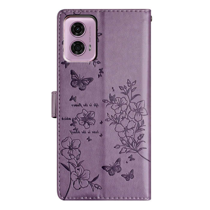 For Motorola Moto G34 Butterflies and Flowers Leather Phone Case(Purple)