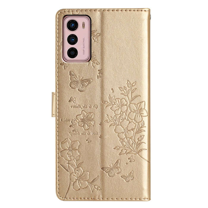 For Motorola Moto G42 Butterflies and Flowers Leather Phone Case(Gold)