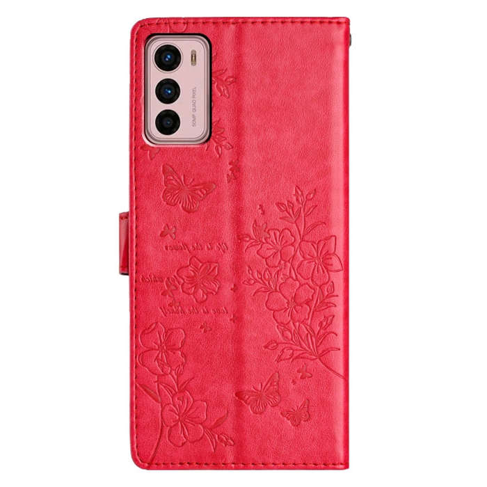 For Motorola Moto G42 Butterflies and Flowers Leather Phone Case(Red)