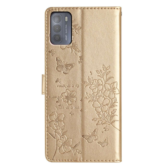 For Motorola Moto G50 Butterflies and Flowers Leather Phone Case(Gold)