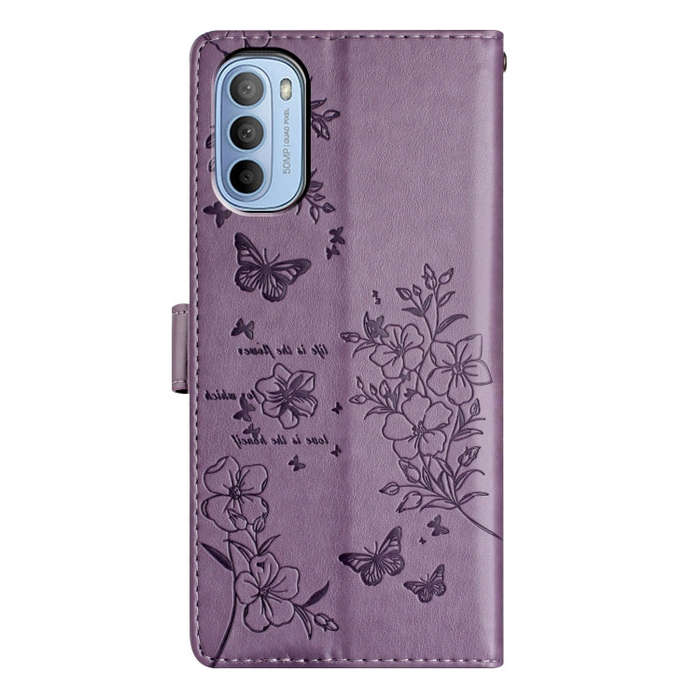For Motorola Moto G52 Butterflies and Flowers Leather Phone Case(Purple)