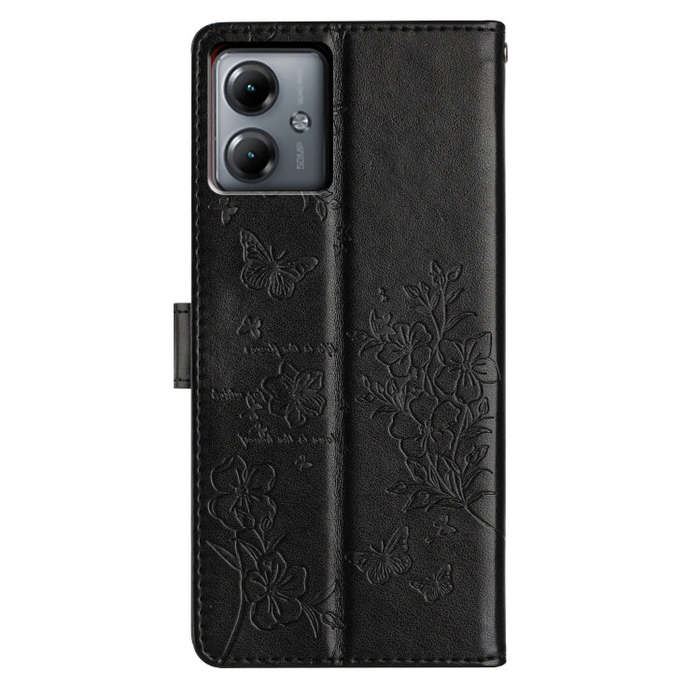 For Motorola Moto G54 Butterflies and Flowers Leather Phone Case(Black)