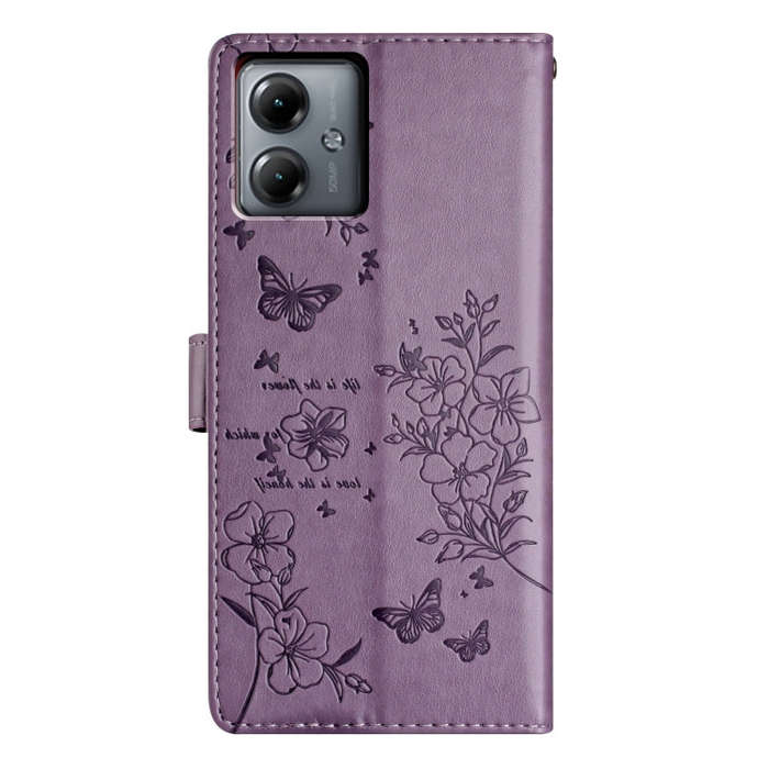 For Motorola Moto G54 Butterflies and Flowers Leather Phone Case(Purple)