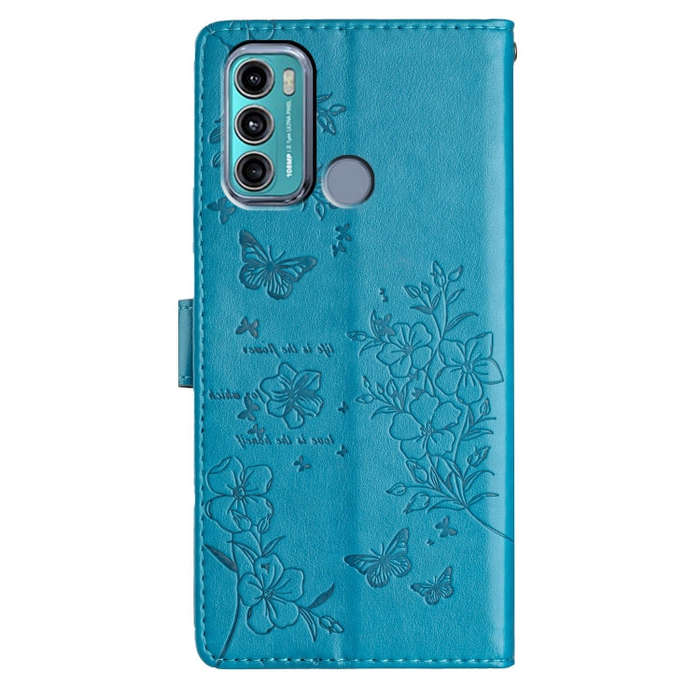 For Motorola Moto G40 Fusion Butterflies and Flowers Leather Phone Case(Blue)