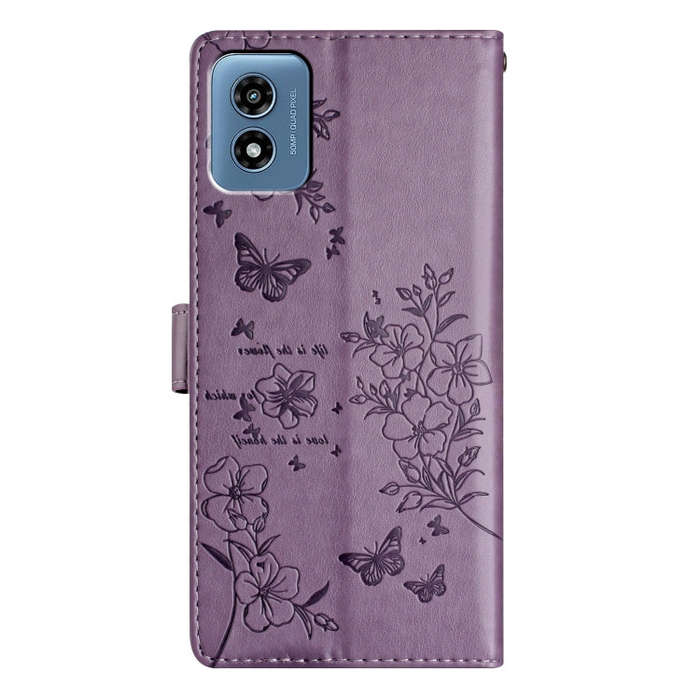 For Motorola Moto G Play 5G 2024 Butterflies and Flowers Leather Phone Case(Purple)