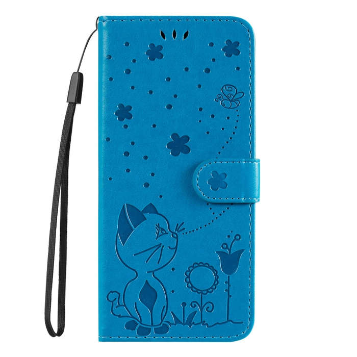 For Motorola Moto G85 Cat and Bee Embossed Flip Leather Phone Case(Blue)