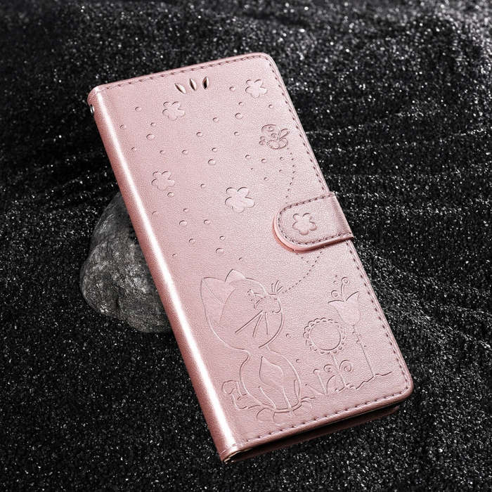 For Motorola Edge 50 5G Cat and Bee Embossed Flip Leather Phone Case(Rose Gold)