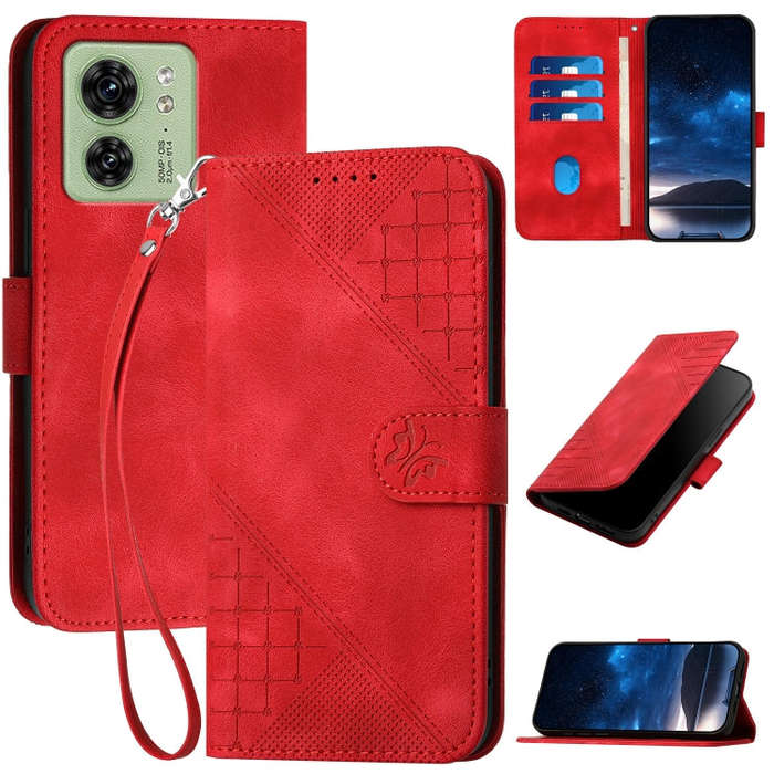 For Motorola Edge 40 Grid Butterfly Embossed Pattern Leather Phone Case with Lanyard(Red)