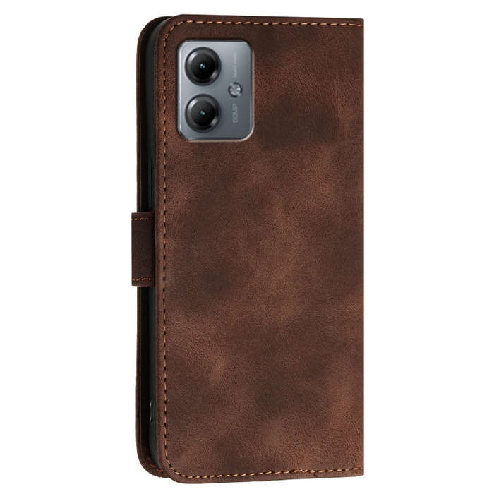 For Motorola Moto G14 Grid Butterfly Embossed Pattern Leather Phone Case with Lanyard(Coffee)