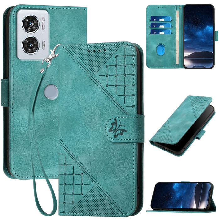 For Motorola Edge 50 Fusion 5G Global Grid Butterfly Embossed Pattern Leather Phone Case with Lan...