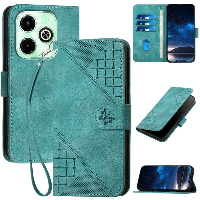 For Infinix Hot 40i 4G Grid Butterfly Embossed Pattern Leather Phone Case with Lanyard(Light Blue)