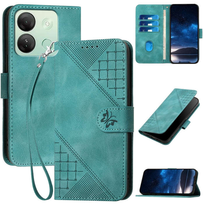 For Infinix Smart 7 HD Grid Butterfly Embossed Pattern Leather Phone Case with Lanyard(Light Blue)