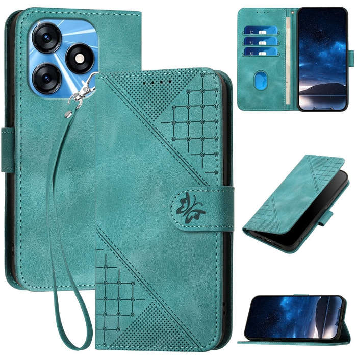 For Tecno Spark 10 4G Grid Butterfly Embossed Pattern Leather Phone Case with Lanyard(Light Blue)