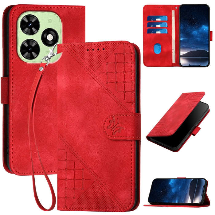 For Tecno Spark Go 2024 4G Grid Butterfly Embossed Pattern Leather Phone Case with Lanyard(Red)