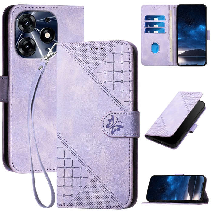 For Tecno Spark 10 Pro Grid Butterfly Embossed Pattern Leather Phone Case with Lanyard(Light Purple)