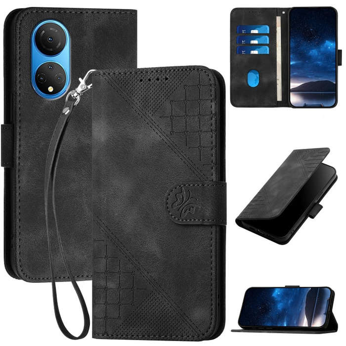 For Honor X7 4G / Play 30 Plus Grid Butterfly Embossed Pattern Leather Phone Case with Lanyard(Bl...