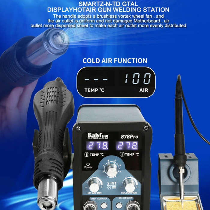 Kaisi 878Pro 2 in 1 Smart Sleep Lead-free Digital Display Hot Air Gun Soldering Iron Station, Plu...