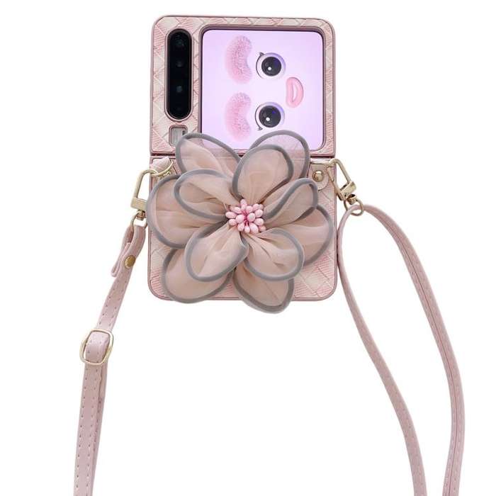 For Huawei Pura X Colorful Woven Pattern 3D Yarn Flower Phone Case with Lanyard(Pink)