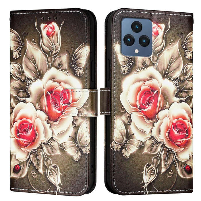 For T-Mobile REVVL 6 / 6x 5G Colored Drawing Pattern Plain Weave Leather Phone Case(Roses On Black)