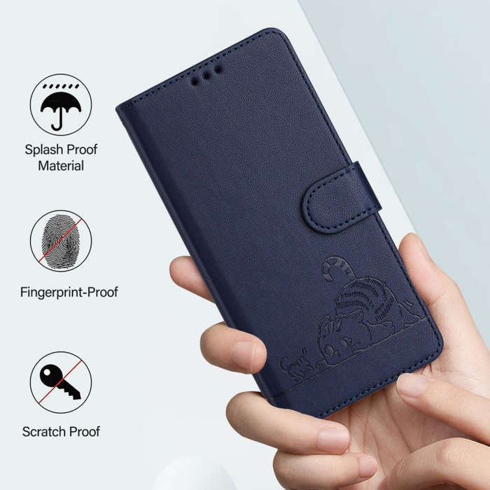 For BLU View 5 Pro Cat Rat Embossed RFID Leather Phone Case with Lanyard(Blue)