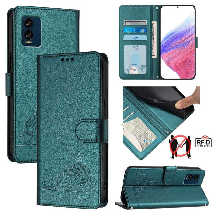 For BLU View Speed 5G Cat Rat Embossed RFID Leather Phone Case with Lanyard(Peacock Green)