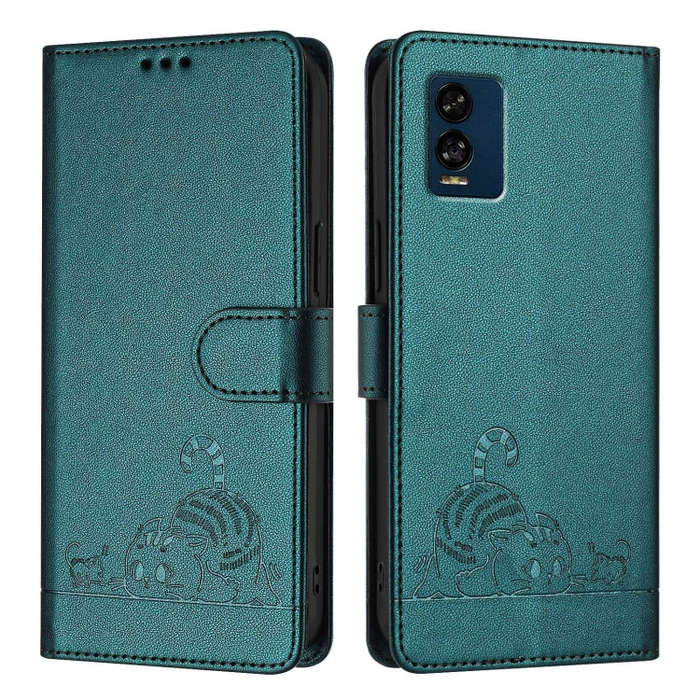 For BLU View Speed 5G Cat Rat Embossed RFID Leather Phone Case with Lanyard(Peacock Green)