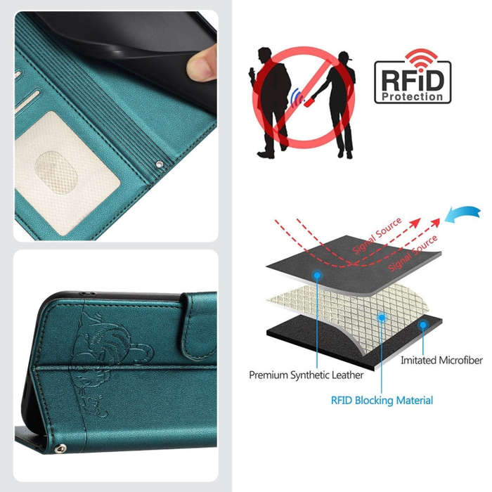 For BLU View Speed 5G Cat Rat Embossed RFID Leather Phone Case with Lanyard(Peacock Green)