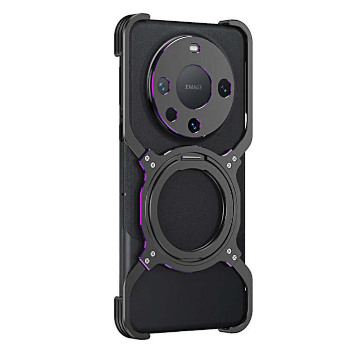 For Huawei Mate 60 Mechanical Arm Borderless MagSafe Holder Metal Phone Case(Black Purple)