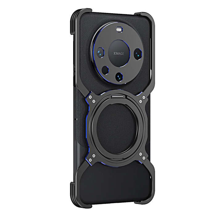 For Huawei Mate 60 Pro Mechanical Arm Borderless MagSafe Holder Metal Phone Case(Black Blue)